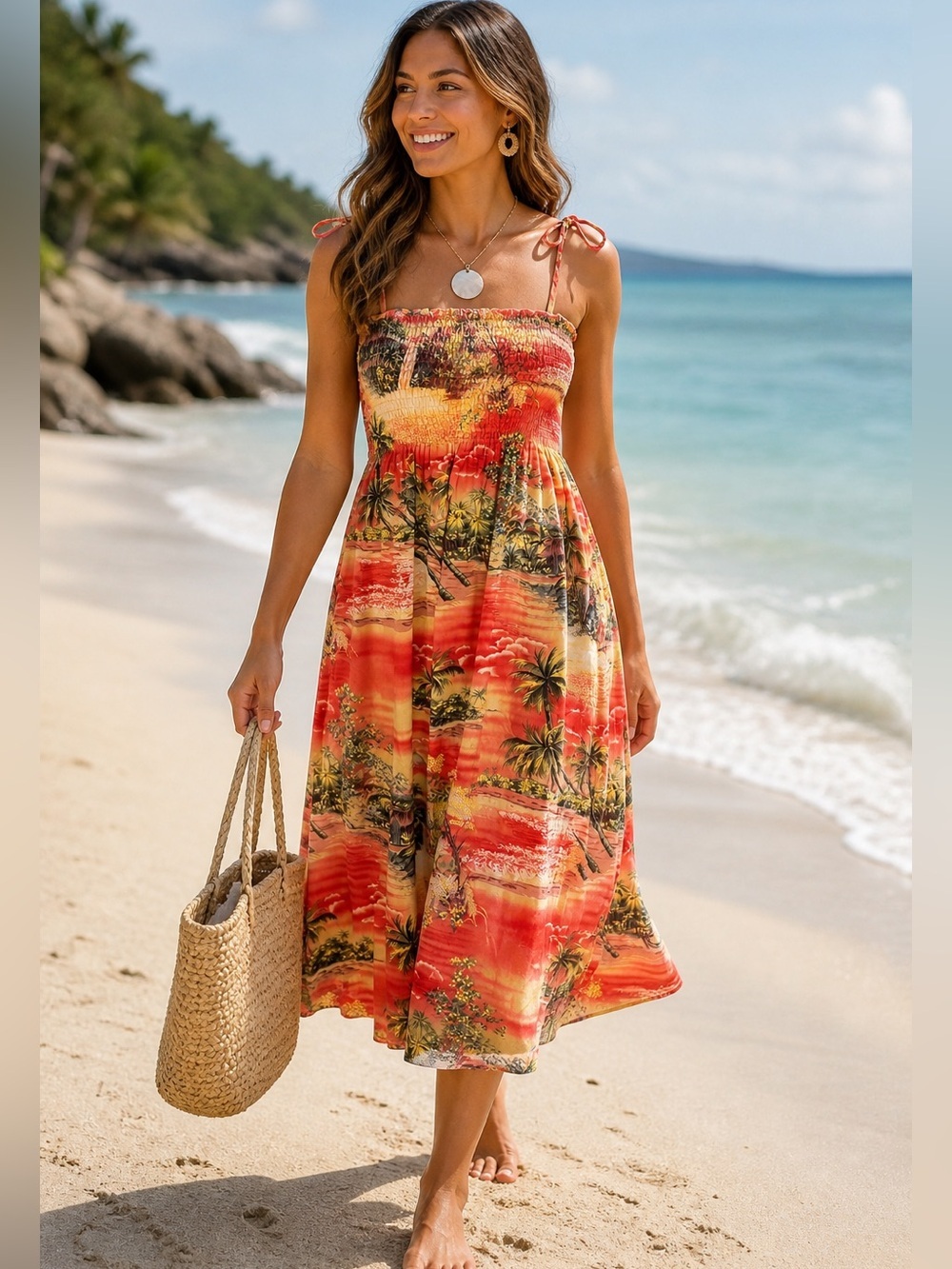 Vintage Hawaiian Dress Made in Hawaii Smocked Sundress Tropical Print Size M - Picture 2 of 11
